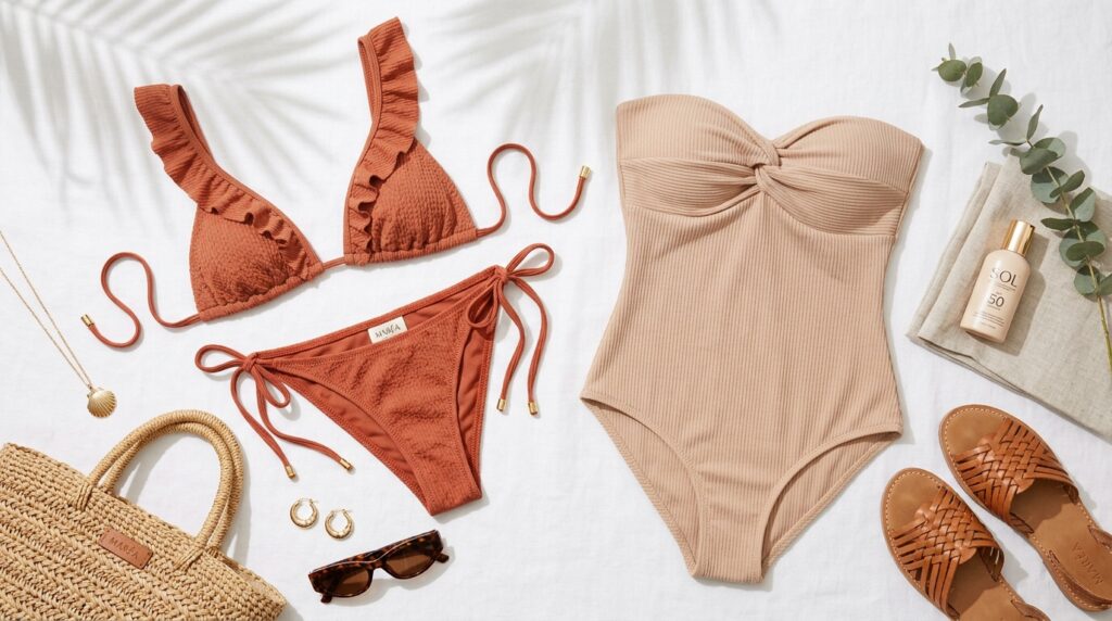 👙 Quel Maillot de Bain pour Petite Poitrine ? (Le Guide Morpho 2026) 2 Mise à plat de deux maillots de bain pour petite poitrine : un bikini triangle à volants terracotta et un maillot bandeau torsadé nude.