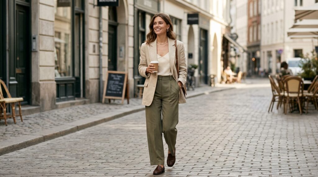 Jeune femme élégante avec une petite poitrine portant un blazer beige et un caraco en soie, posant avec confiance dans une rue ensoleillée.