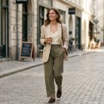 Jeune femme élégante avec une petite poitrine portant un blazer beige et un caraco en soie, posant avec confiance dans une rue ensoleillée.