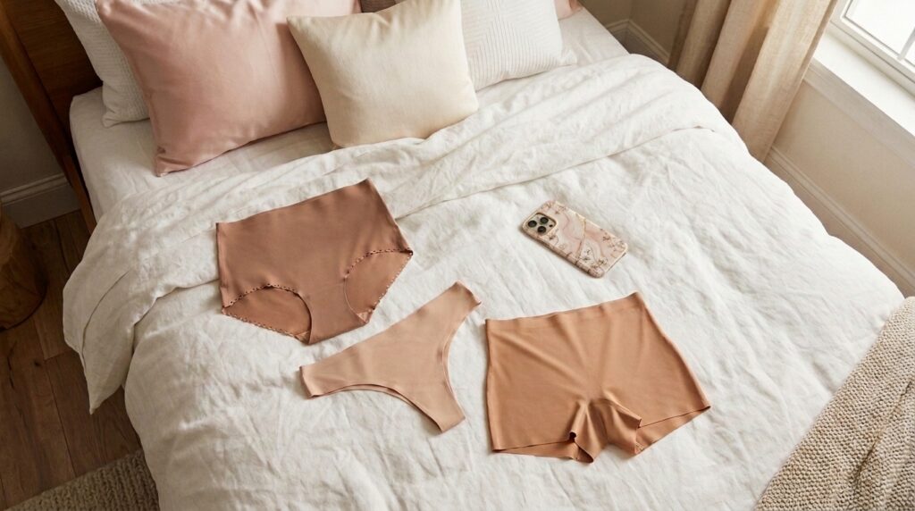 Quelle culotte invisible choisir sous un vêtement moulant ? (Guide & Comparatif) 1 Vue de haut de lingerie invisible nude et d'un smartphone avec une coque fleurie et dorée posés sur un lit blanc.