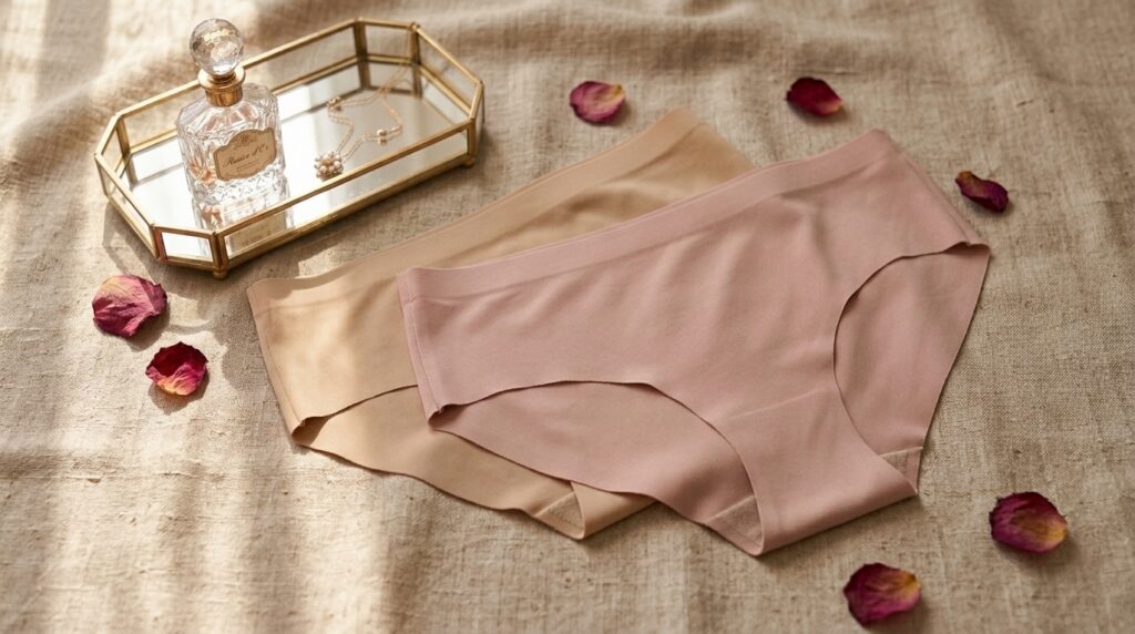 Quelle culotte invisible choisir sous un vêtement moulant ? (Guide & Comparatif) 7 Deux culottes invisibles sans couture présentées sur une nappe en lin naturel avec des accessoires féminins raffinés.