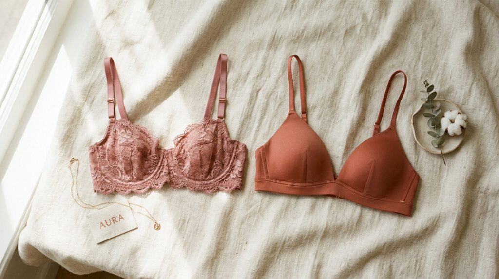 Quel type de soutien gorge pour petite poitrine tombante choisir ? 2 Photographie à plat de lingerie de luxe incluant un balconnet en dentelle et un soutien-gorge triangle sur une surface en lin.