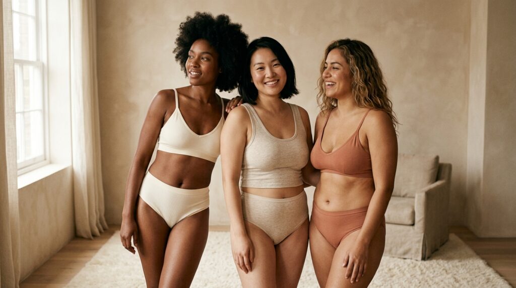 Quel type de soutien gorge pour petite poitrine tombante choisir ? 1 Trois femmes de morphologies différentes posant avec assurance en lingerie de coton minimaliste dans un studio baigné de lumière naturelle.