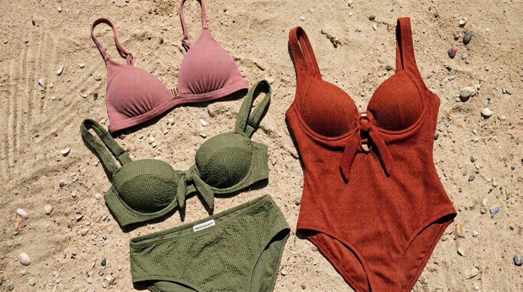 Quel maillot de bain push-up choisir pour petite poitrine sans effet artificiel ? 1 Trois maillots de bain push-up (rose poudré, vert olive et terracotta) disposés sur du vrai sable de plage texturé, sous une lumière naturelle directe sans ombres de feuilles.
