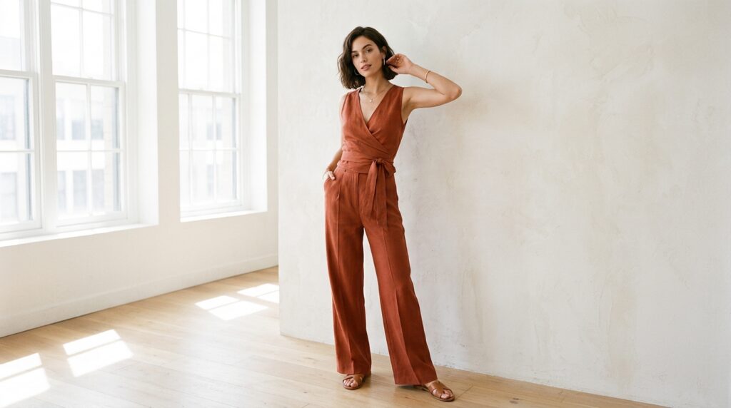 Comment s'habiller quand on a une petite poitrine ? (Guide Morphologie & Astuces Style) 1 Femme avec une petite poitrine portant un top cache-cœur terracotta au décolleté en V plongeant, mettant en valeur son buste avec élégance.