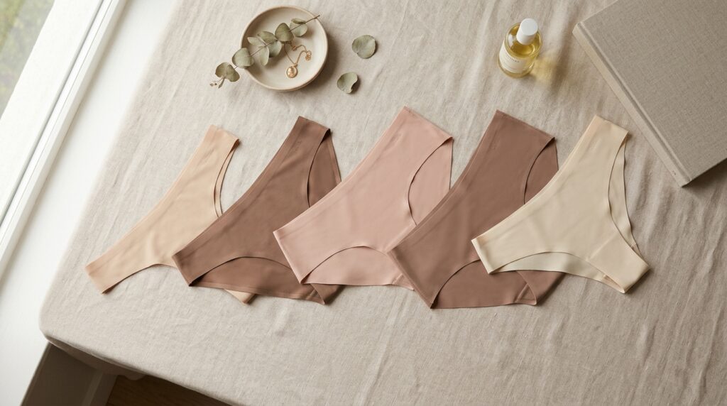 Top 5 des meilleures culottes invisibles à moins de 20 € (Test & Comparatif) 1 Flat-lay éditorial haut de gamme de cinq culottes invisibles sans couture dans un dégradé de tons nude et beige, disposées sur un tissu de lin blanc avec une coupelle de feuilles d'eucalyptus et un flacon sous une lumière douce.
