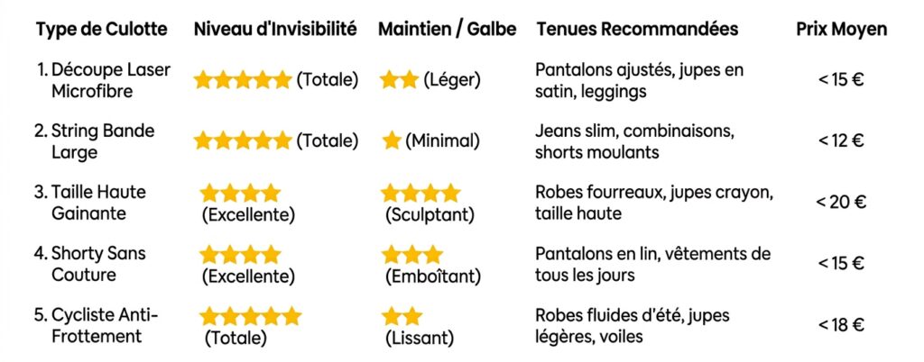 Top 5 des meilleures culottes invisibles à moins de 20 € (Test & Comparatif) 2 Tableau comparatif minimaliste en français comparant cinq types de sous-vêtements (Découpe Laser Microfibre, String Bande Large, Taille Haute Gainante, Shorty Sans Couture, Cycliste Anti-Frottement) selon leur niveau d'invisibilité, maintien, tenues recommandées et prix moyen, présenté sur fond blanc pur avec des étoiles jaunes.